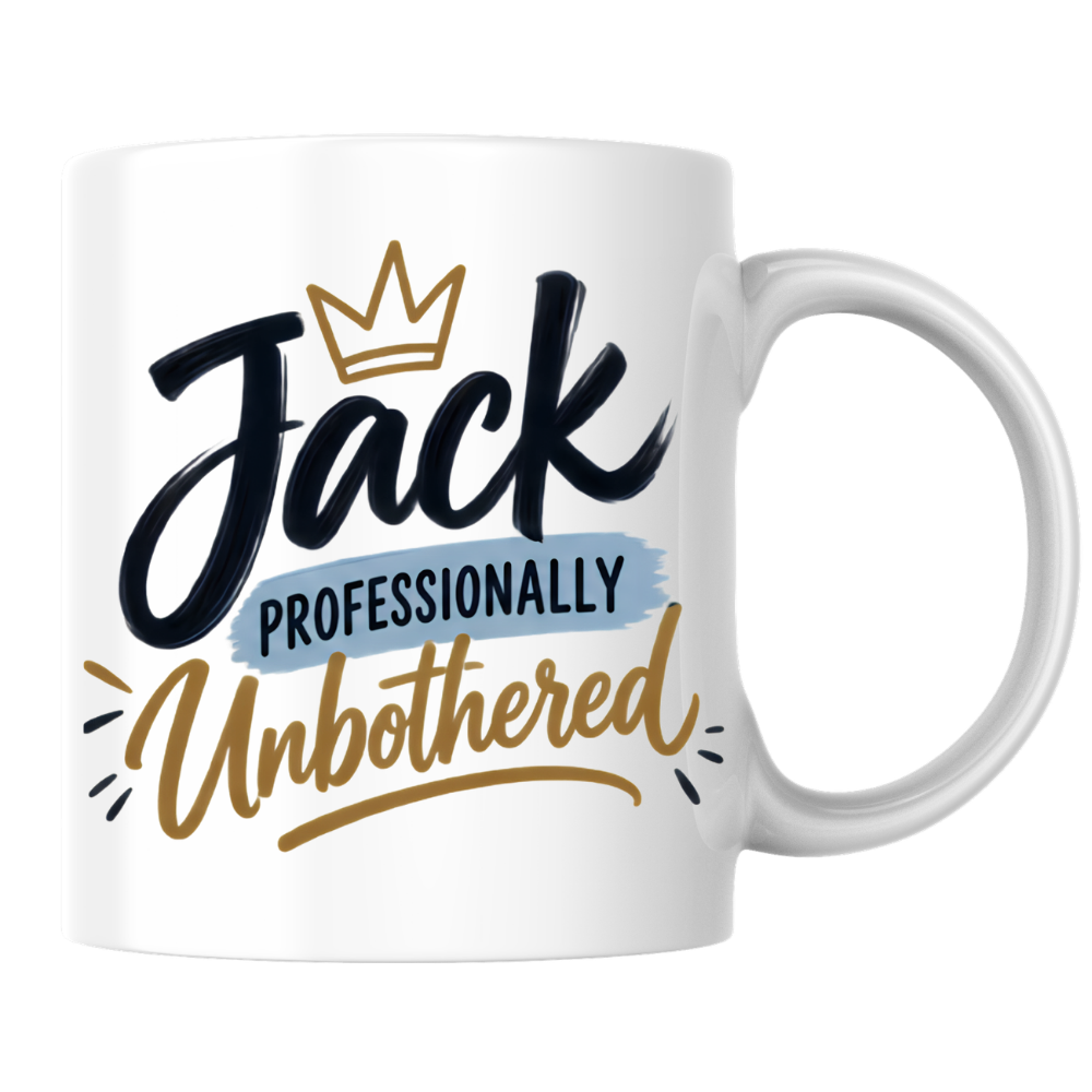Personalized Name Mug "Jack Professionally Unbothered" Jack Professionally Unbothered 325ml Ceramic Coffee Mug – Custom Name Typography Slogan with Gold Crown & Blue Brushstroke | Funny Gift | Fast Dispatch by UK Seller (M3407)
