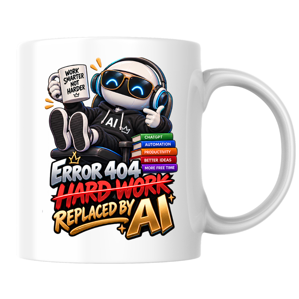 Tech Mug "Error 404 Hard Work Replaced By AI" Error 404 Hard Work Replaced By AI 325ml Ceramic Coffee Mug – Funny Robot IT Developer Mug with Work Smarter Not Harder & ChatGPT Books | Tech Gift | Fast Dispatch by UK Seller (M3324)