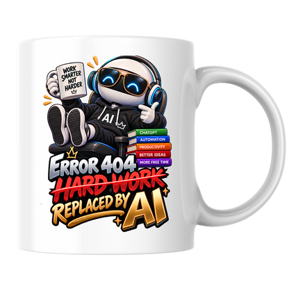 Tech Mug "Error 404 Hard Work Replaced By AI" Error 404 Hard Work Replaced By AI 325ml Ceramic Coffee Mug – Funny Robot IT Developer Mug with Work Smarter Not Harder & ChatGPT Books | Tech Gift | Fast Dispatch by UK Seller (M3324)