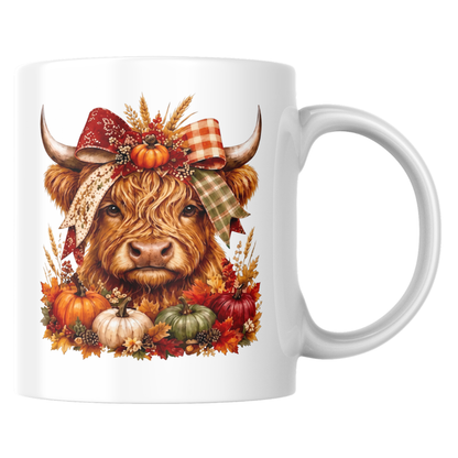 Autumn Harvest Highland Cow Coffee Mug - Fall Pumpkin & Plaid Bow Farmhouse Animal Ceramic Tea Cup for Thanksgiving & Rustic Kitchen Decor (M1207)