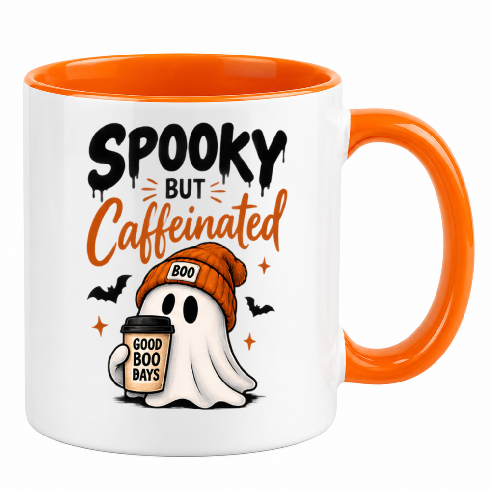 Halloween Mug "Spooky But Caffeinated Ghost" Spooky But Caffeinated Ghost 325ml Ceramic Coffee Mug – Cute Halloween Autumn Tea Cup with Beanie Coffee Cup Bats Typography Graphic Gift | Available in Multicolours | Fast Dispatch by UK Seller (M3202)