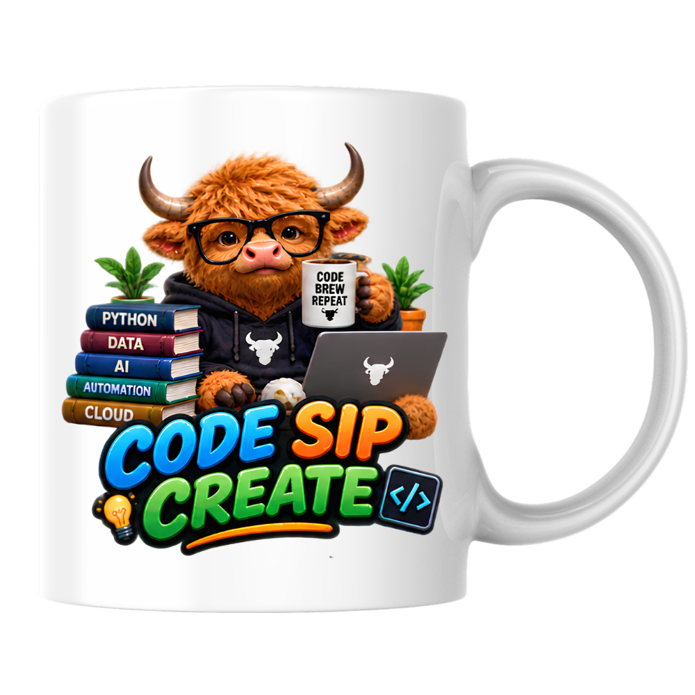 Coding Mug "Code Sip Create Highland Cow" 325ml Ceramic Coffee Mug – Cute Highland Cow Developer with Glasses Books Laptop Code Brew Repeat Cup Tech Gift For Programmers Coders | Available in Multicolours | Fast Dispatch by UK Seller (M3229)
