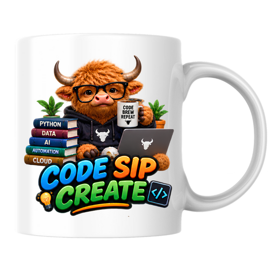 Coding Mug "Code Sip Create Highland Cow" 325ml Ceramic Coffee Mug – Cute Highland Cow Developer with Glasses Books Laptop Code Brew Repeat Cup Tech Gift For Programmers Coders | Available in Multicolours | Fast Dispatch by UK Seller (M3229)