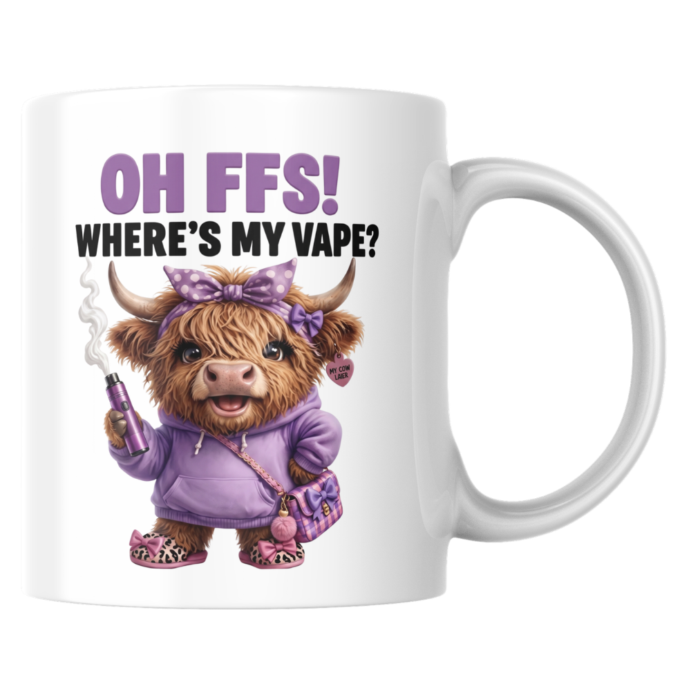 Funny Highland Cow "Where's My Vape" Coffee Mug - Sarcastic Meme Animal Ceramic Tea Cup for Vapers & Novelty Gift (M1205)