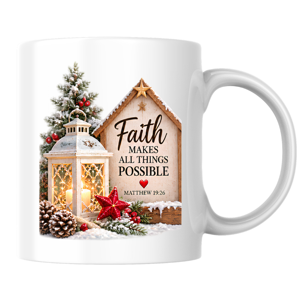 Christmas Mug "Faith Makes All Things Possible Matthew 19:26" 325ml Ceramic Coffee Mug – Cozy Winter Lantern Snow Covered Tree Wooden Sign Christian Holiday Gift | Available in Multicolours | Fast Dispatch by UK Seller (M3298)