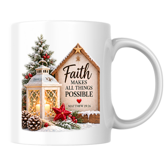 Christmas Mug "Faith Makes All Things Possible Matthew 19:26" 325ml Ceramic Coffee Mug – Cozy Winter Lantern Snow Covered Tree Wooden Sign Christian Holiday Gift | Available in Multicolours | Fast Dispatch by UK Seller (M3298)
