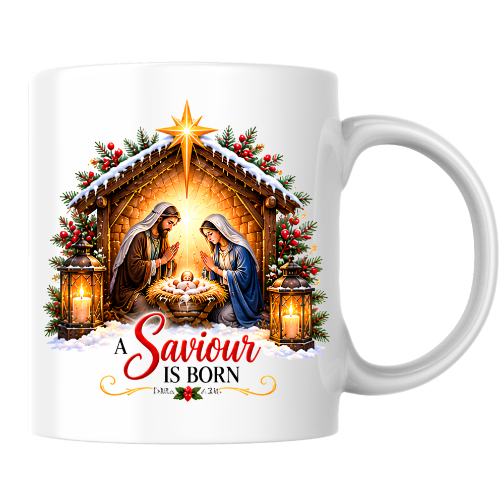 Religious Christmas Mug "A Saviour Is Born" A Saviour Is Born 325ml Ceramic Coffee Mug – Nativity Scene Christmas Mug with Baby Jesus, Mary & Joseph | Christian Holiday Gift | Fast Dispatch by UK Seller (M3338)