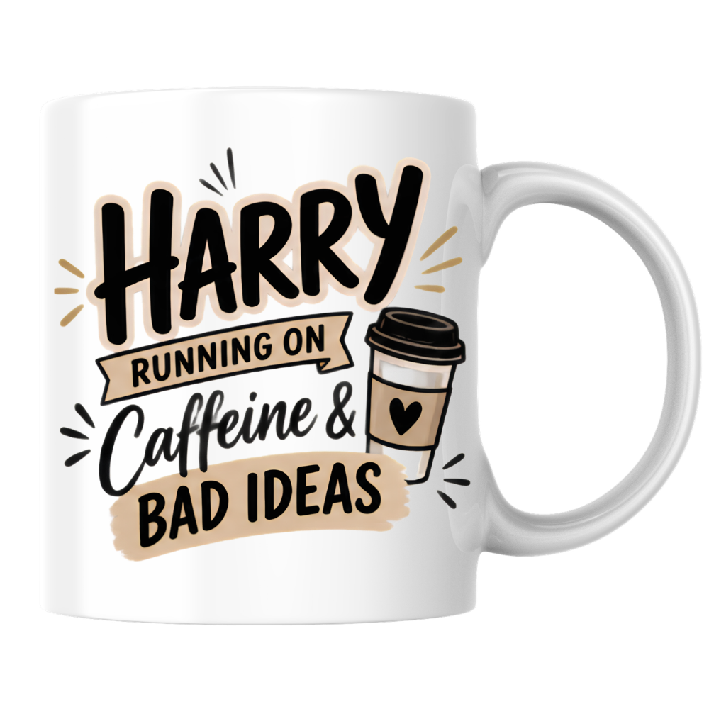 Personalized Name Mug "Harry Running On Caffeine & Bad Ideas" Harry Running On Caffeine & Bad Ideas 325ml Ceramic Coffee Mug –Custom Name Typography Slogan with Coffee Cup Graphic & Beige Banner Highlights | Funny Gift | Fast Dispatch by UK Seller (M3449)