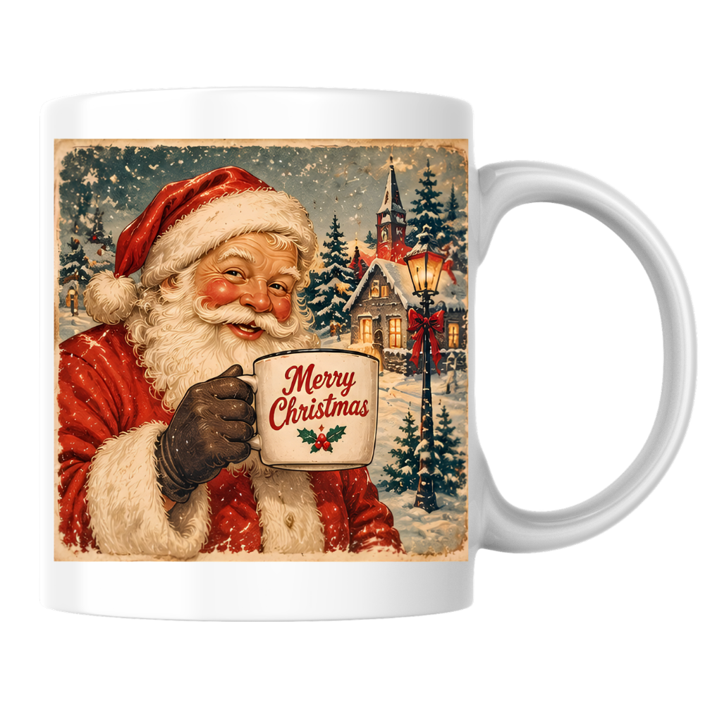 Vintage Santa Claus Mug "Merry Christmas" Merry Christmas 325ml Ceramic Coffee Mug – Vintage Santa Claus Holding Coffee Mug in Snowy Village with Streetlamp | Festive Holiday Gift | Fast Dispatch by UK Seller (M3415)