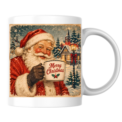 Vintage Santa Claus Mug "Merry Christmas" Merry Christmas 325ml Ceramic Coffee Mug – Vintage Santa Claus Holding Coffee Mug in Snowy Village with Streetlamp | Festive Holiday Gift | Fast Dispatch by UK Seller (M3415)