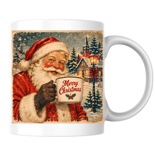 Vintage Santa Claus Mug "Merry Christmas" Merry Christmas 325ml Ceramic Coffee Mug – Vintage Santa Claus Holding Coffee Mug in Snowy Village with Streetlamp | Festive Holiday Gift | Fast Dispatch by UK Seller (M3415)