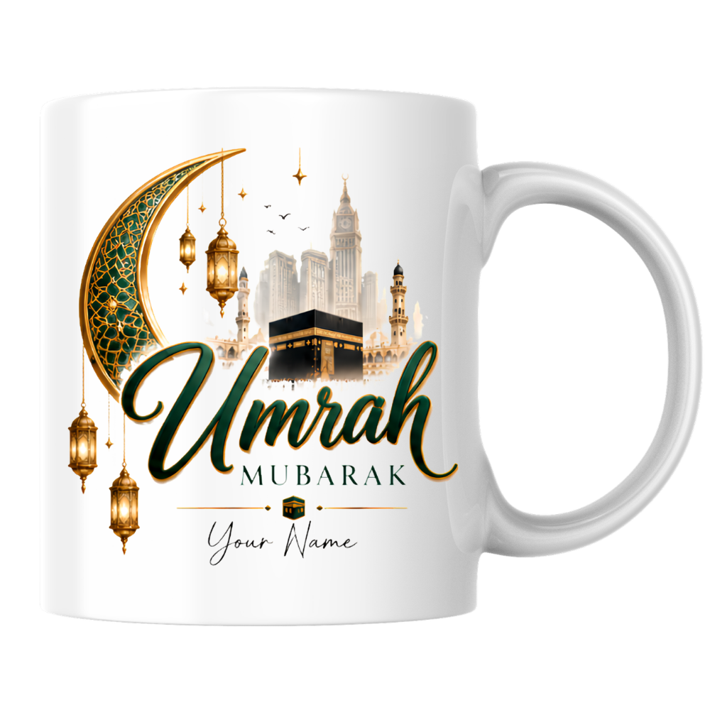 Personalised Umrah Mubarak Mug 325ml Ceramic Coffee Tea Cup – Custom Name, Green & Gold Crescent Moon, Lanterns & Kaaba Religious Pilgrimage Gift for Family, Friends, Hajj Celebration – Fast Dispatch by UK Seller (M3485)