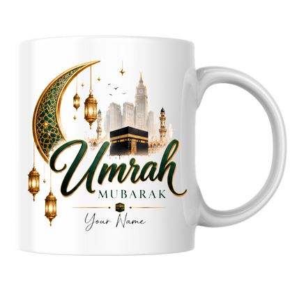 Personalised Umrah Mubarak Mug 325ml Ceramic Coffee Tea Cup – Custom Name, Green & Gold Crescent Moon, Lanterns & Kaaba Religious Pilgrimage Gift for Family, Friends, Hajj Celebration – Fast Dispatch by UK Seller (M3485)