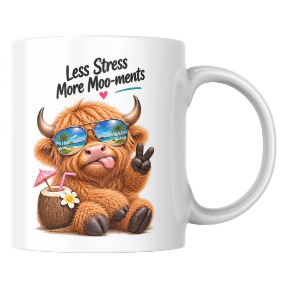 Novelty Mug Relaxing Tropical Highland Cow "Less Stress More Moo-ments" Ceramic Coffee Mug – Beach Vacation Farm Animal with Sunglasses & Coconut Drink Tea Cup Gift | Available in Multicolours | Fast Dispatch by UK Seller (M1226)