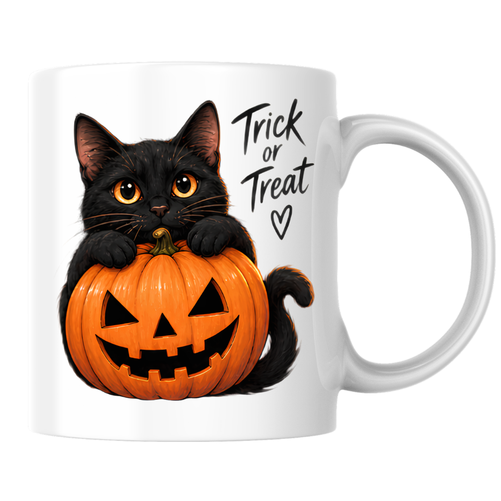 Halloween Mug "Black Cat Pumpkin Trick or Treat" Black Cat Pumpkin Trick or Treat 325ml Ceramic Coffee Mug – Cute Halloween Autumn Tea Cup With Black Kitty Jack O Lantern Graphic Gift | Available in Multicolours | Fast Dispatch by UK Seller (M3223)