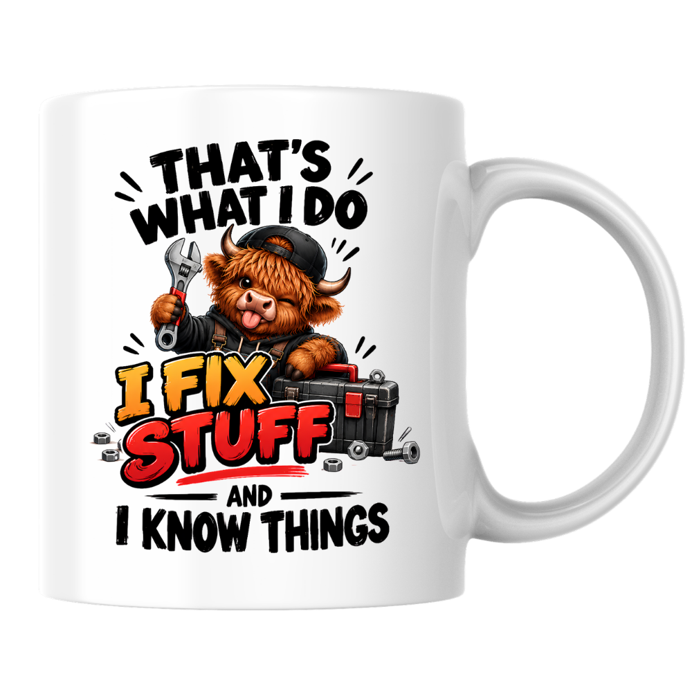 Mechanic Highland Cow Mug "That's What I Do I Fix Stuff" That's What I Do I Fix Stuff And I Know Things 325ml Ceramic Coffee Mug – Cute Handy Highland Cow with Wrench & Toolbox | Funny DIY Handyman Gift | Fast Dispatch by UK Seller (M3456)