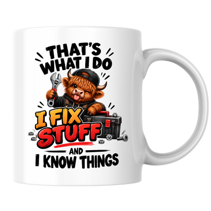 Mechanic Highland Cow Mug "That's What I Do I Fix Stuff" That's What I Do I Fix Stuff And I Know Things 325ml Ceramic Coffee Mug – Cute Handy Highland Cow with Wrench & Toolbox | Funny DIY Handyman Gift | Fast Dispatch by UK Seller (M3456)