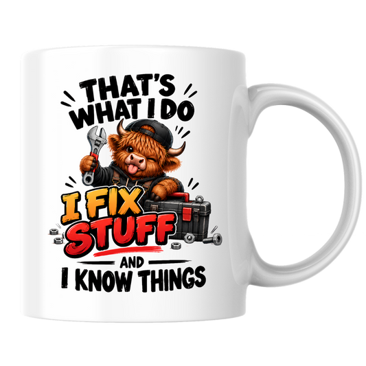Mechanic Highland Cow Mug "That's What I Do I Fix Stuff" That's What I Do I Fix Stuff And I Know Things 325ml Ceramic Coffee Mug – Cute Handy Highland Cow with Wrench & Toolbox | Funny DIY Handyman Gift | Fast Dispatch by UK Seller (M3456)
