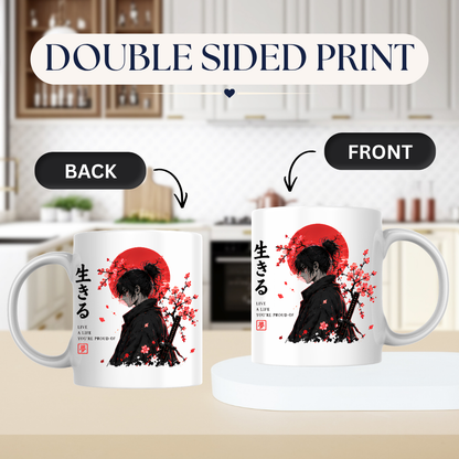 Japanese Anime Samurai Mug "LIVE A LIFE You'Re Proud Of" Red Sun & Cherry Blossom 325ml Ceramic Coffee Mug – Aesthetic Warrior Tea Cup with Kanji Katana Graphic Gift | Available in Multicolours | Fast Dispatch by UK Seller (M3032)