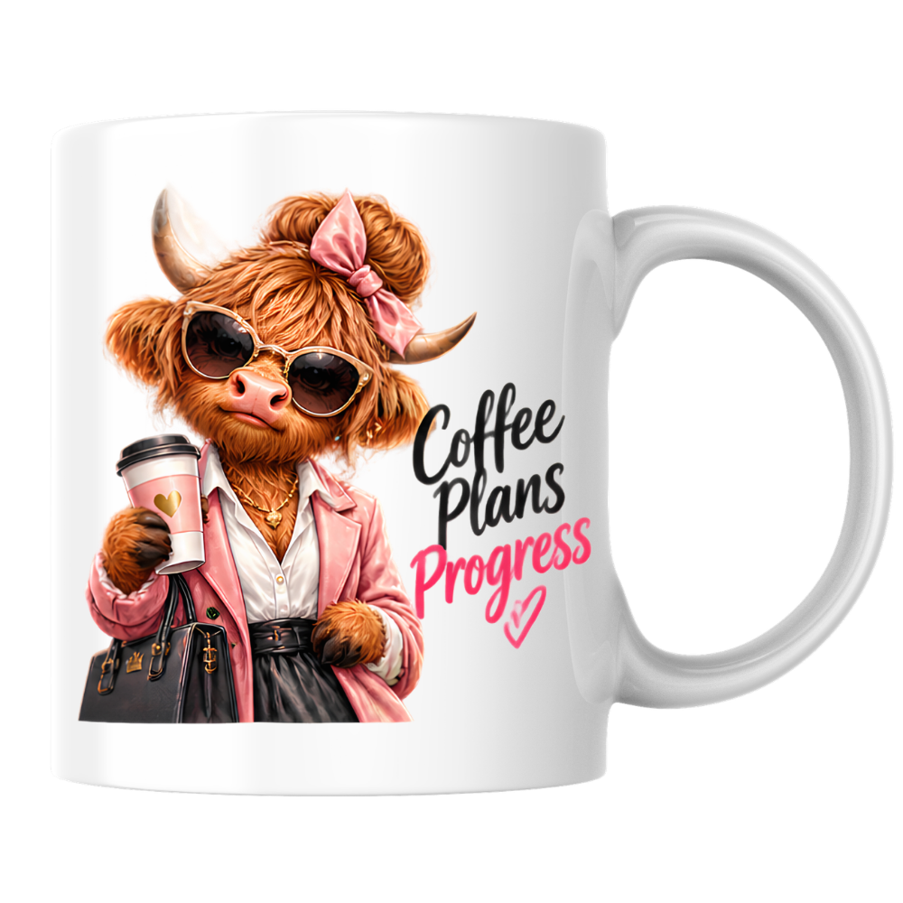 Highland Cow Mug "Coffee Plans Progress Highland Cow" 325ml Ceramic Coffee Mug – Chic Highland Cow in Pink Blazer, Hair Bow Sunglasses Holding Coffee Cup Designer Bag Work Office Gift | Available in Multicolours | Fast Dispatch by UK Seller (M3278)