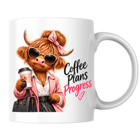 Highland Cow Mug "Coffee Plans Progress Highland Cow" 325ml Ceramic Coffee Mug – Chic Highland Cow in Pink Blazer, Hair Bow Sunglasses Holding Coffee Cup Designer Bag Work Office Gift | Available in Multicolours | Fast Dispatch by UK Seller (M3278)