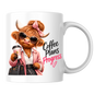 Highland Cow Mug "Coffee Plans Progress Highland Cow" 325ml Ceramic Coffee Mug – Chic Highland Cow in Pink Blazer, Hair Bow Sunglasses Holding Coffee Cup Designer Bag Work Office Gift | Available in Multicolours | Fast Dispatch by UK Seller (M3278)