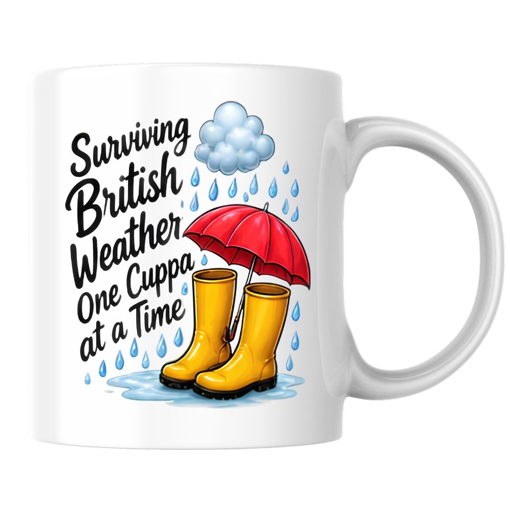Humorous Mug "Surviving British Weather One Cuppa at a Time" 325ml Ceramic Coffee Mug Funny Rainy Day Tea Cup with Yellow Wellies, Red Umbrella & Raindrops Graphic Gift | Available in Multicolours | Fast Dispatch by UK Seller (M1318)