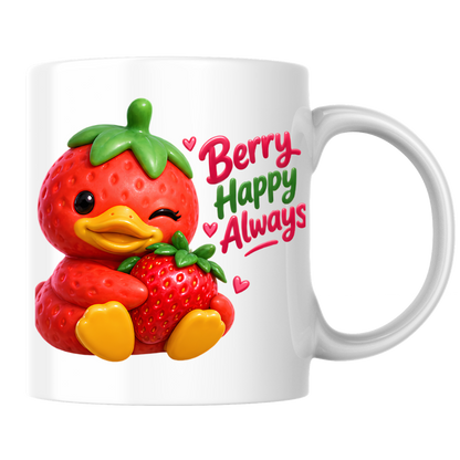 Inspirational Mug "Berry Happy Always Strawberry Duck" Berry Happy Always 325ml Ceramic Coffee Mug – Cute Winking Strawberry Duck Hugging A Strawberry Heartwarming Gift For Friends Family | Available in Multicolours | Fast Dispatch by UK Seller (M3247)