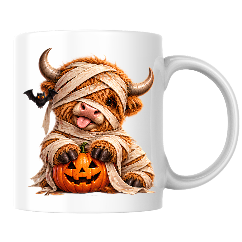 Halloween Mug "Mummy Highland Cow" Mummy Highland Cow 325ml Ceramic Coffee Mug Cute Spooky Halloween Tea Cup with Bandages and Pumpkin Graphic Gift | Available in Multicolours | Fast Dispatch by UK Seller (M3161)