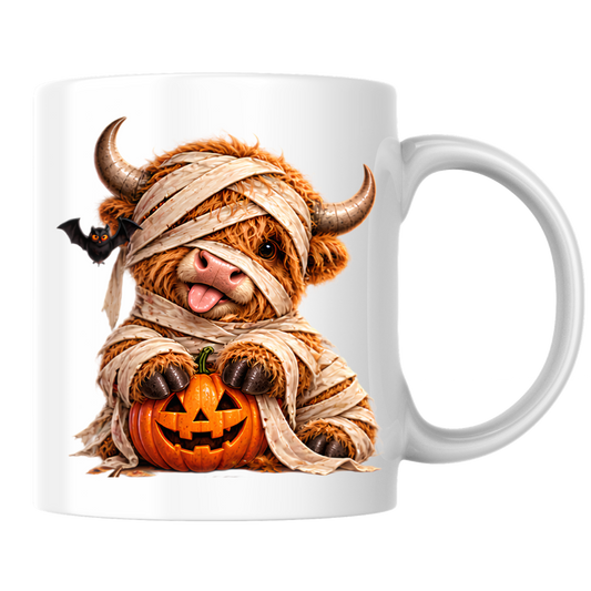Halloween Mug "Mummy Highland Cow" Mummy Highland Cow 325ml Ceramic Coffee Mug Cute Spooky Halloween Tea Cup with Bandages and Pumpkin Graphic Gift | Available in Multicolours | Fast Dispatch by UK Seller (M3161)