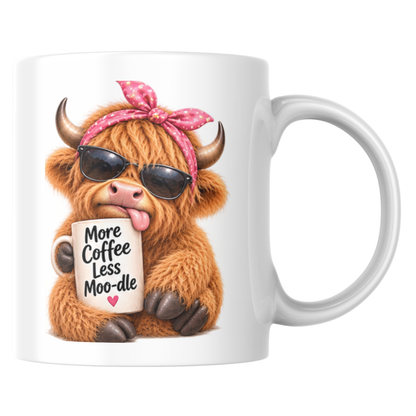 Sassy Mug Highland Cow "More Coffee Less Moo-dle" Ceramic Coffee Mug - Funny Farm Animal with Pink Headband & Sunglasses Tea Cup Gift 350ml | Available in Multicolours | Fast Dispatch by UK Seller (M1222)