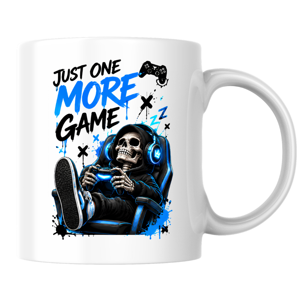 Gaming Mug "Just One More Game" Just One More Game 325ml Ceramic Coffee Mug – Gaming Skeleton in Chair Mug with Controller, Headset & Blue Splatter Art | Gamer Gift | Fast Dispatch by UK Seller (M3344)