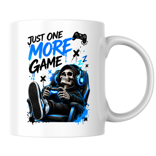 Gaming Mug "Just One More Game" Just One More Game 325ml Ceramic Coffee Mug – Gaming Skeleton in Chair Mug with Controller, Headset & Blue Splatter Art | Gamer Gift | Fast Dispatch by UK Seller (M3344)