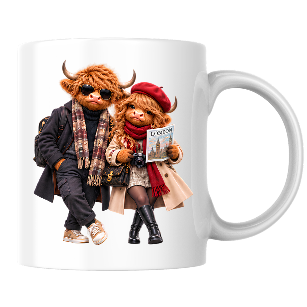 Highland Cow Mug "London Travelers Highland Cow Couple" 325ml Ceramic Coffee Mug – Stylish Highland Cow Couple in Beret, Sunglasses Trench Coats Holding Camera Gift For Travelers Couples | Available in Multicolours | Fast Dispatch by UK Seller (M3260)