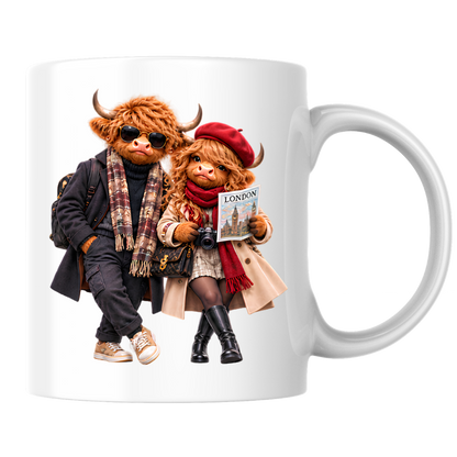 Highland Cow Mug "London Travelers Highland Cow Couple" 325ml Ceramic Coffee Mug – Stylish Highland Cow Couple in Beret, Sunglasses Trench Coats Holding Camera Gift For Travelers Couples | Available in Multicolours | Fast Dispatch by UK Seller (M3260)