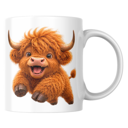 Joyful Jumping Baby Highland Cow Coffee Mug - Cute Playful Farm Animal Ceramic Tea Cup for Happy Morning & Animal Lover Gift (M1216)