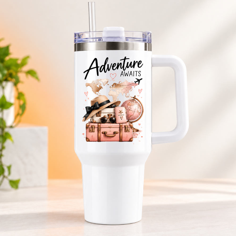 Inspirational Travel Tumbler "Adventure Awaits" Graphic 40oz Stainless Steel Insulated Travel Mug with Handle & Straw – Vintage Pink Suitcases, Sun Hat, Passport & World Map Travel Cup | Fast Dispatch by UK Seller (T3036)