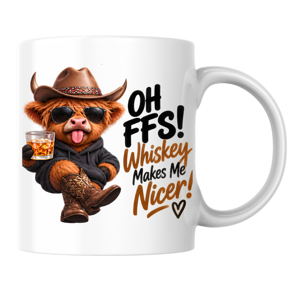 Highland Cow Whiskey Lover Mug "Oh FFS! Whiskey Makes Me Nicer!" Oh FFS! Whiskey Makes Me Nicer! 325ml Ceramic Coffee Mug – Cute Highland Cow in Cowboy Hat, Hoodie & Boots holding Rocks Glass | Funny Gift | Fast Dispatch by UK Seller (M3394)