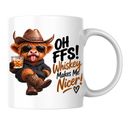 Highland Cow Whiskey Lover Mug "Oh FFS! Whiskey Makes Me Nicer!" Oh FFS! Whiskey Makes Me Nicer! 325ml Ceramic Coffee Mug – Cute Highland Cow in Cowboy Hat, Hoodie & Boots holding Rocks Glass | Funny Gift | Fast Dispatch by UK Seller (M3394)