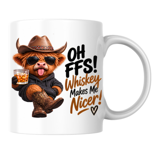 Highland Cow Whiskey Lover Mug "Oh FFS! Whiskey Makes Me Nicer!" Oh FFS! Whiskey Makes Me Nicer! 325ml Ceramic Coffee Mug – Cute Highland Cow in Cowboy Hat, Hoodie & Boots holding Rocks Glass | Funny Gift | Fast Dispatch by UK Seller (M3394)