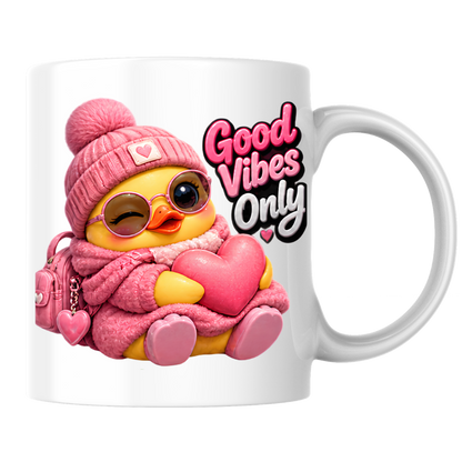 Inspirational Mug "Good Vibes Only Pink Duck" 325ml Ceramic Coffee Mug – Cute Winking Yellow Duck in Pink Beanie, Sweater, Glasses Backpack Hugging Pink Heart Cute Gift For Friends Family | Available in Multicolours | Fast Dispatch by UK Seller (M3253)