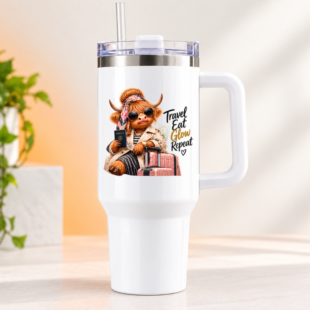 Sassy Highland Cow Travel Tumbler "Travel Eat Glow Repeat" Graphic 40oz Stainless Steel Insulated Travel Mug with Handle & Straw – Fashion Cow with Passport, Sunglasses, Headscarf & Suitcase Novelty Travel Cup | Fast Dispatch by UK Seller (T3022)