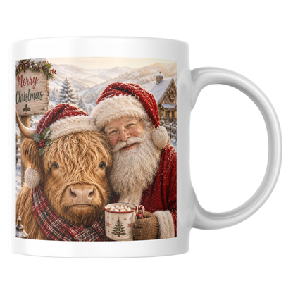 Festive Santa and Highland Cow Christmas Coffee Mug - Cozy Winter Holiday Ceramic Tea Cup with Plaid Scarf & Snow Scene Gift (M1214)
