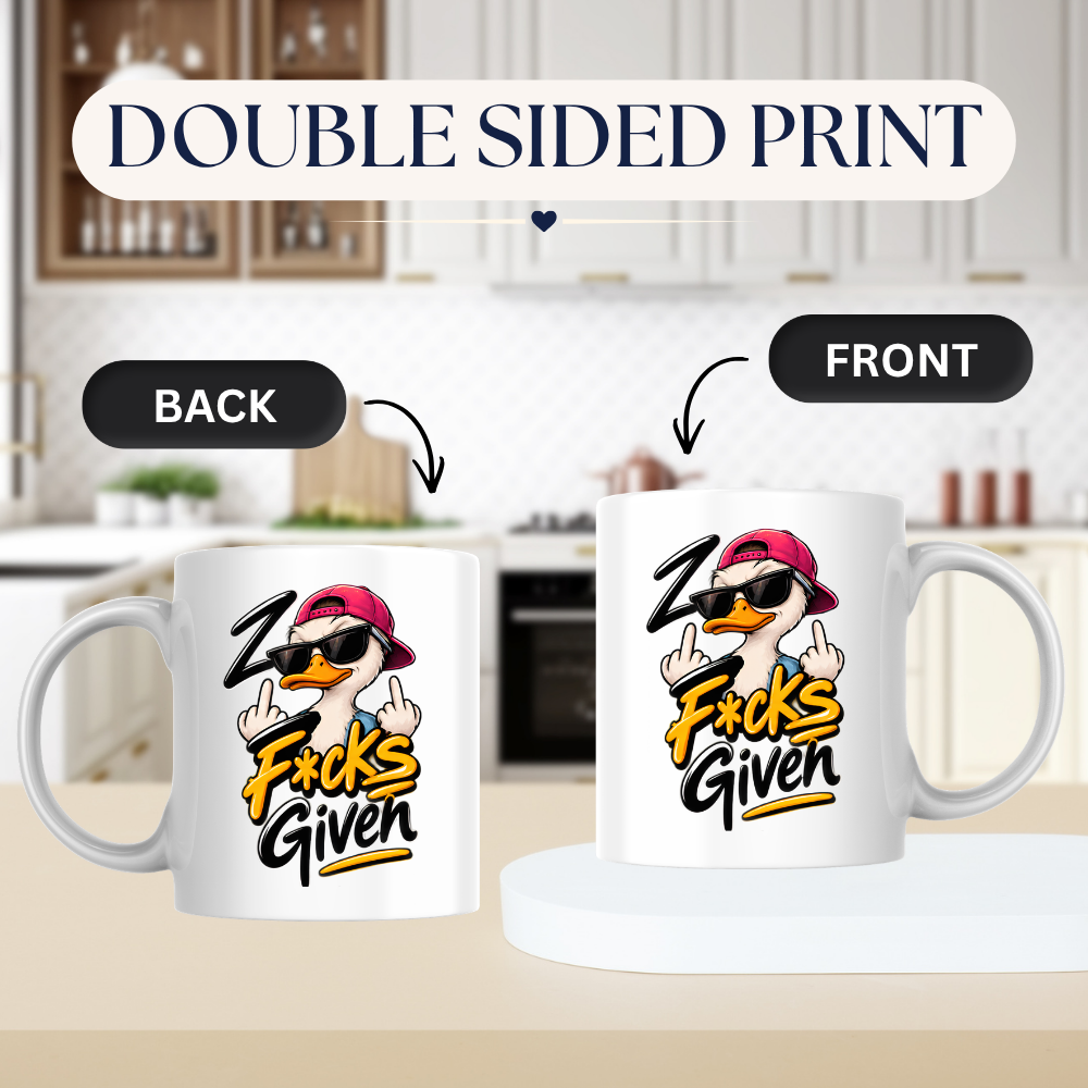 Sarcastic Mug "ZERO F*CKS GIVEN" Cool Duck 325ml Ceramic Coffee Mug Novelty Duck Tea Cup with Sunglasses, Cap & Middle Fingers Graphic Gift | Available in Multicolours | Fast Dispatch by UK Seller (M3084)