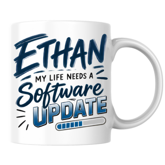 Personalized Name Mug "Ethan My Life Needs A Software Update" Ethan My Life Needs A Software Update 325ml Ceramic Coffee Mug – Custom Name Typography Slogan with Progress Loading Bar Graphic | Funny Tech Gift | Fast Dispatch by UK Seller (M3425)