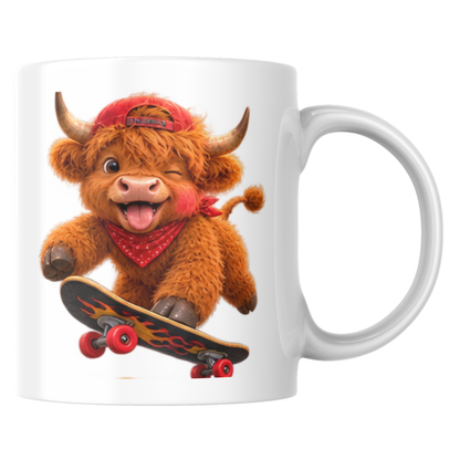 Skateboard Highland Cow Ceramic Coffee Mug - Cool Fluffy Farm Animal Baseball Cap & Bandana Tea Cup for Skaters & Animal Lovers (M1220)
