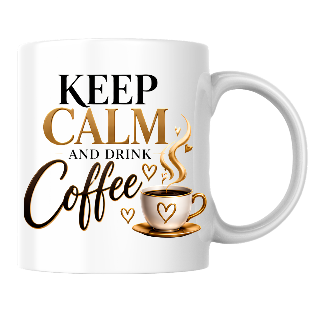 Coffee Mug "Keep Calm And Drink Coffee" 325ml Ceramic Tea Cup – Gold & Brown Typography, Cute Coffee Cup Graphic & Heart Slogan Novelty Gift for Coffee Lovers, Bestie, Colleagues – Fast Dispatch by UK Seller (M3491)