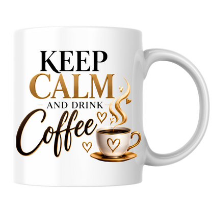 Coffee Mug "Keep Calm And Drink Coffee" 325ml Ceramic Tea Cup – Gold & Brown Typography, Cute Coffee Cup Graphic & Heart Slogan Novelty Gift for Coffee Lovers, Bestie, Colleagues – Fast Dispatch by UK Seller (M3491)