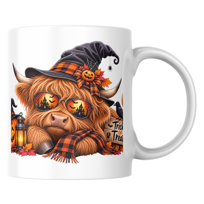 Cool Spooky Halloween Highland Cow Coffee Mug - "Trick or Treat" Jack-o'-Lantern & Witch Hat Ceramic Tea Cup for Fall Season Decor (M1213)