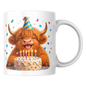 Festive Mug Birthday Highland Cow Ceramic Coffee Mug – Cute Celebration Farm Animal Party Hat & Cake Tea Cup Gift 350ml | Available in Multicolours | Fast Dispatch by UK Seller (M1229)
